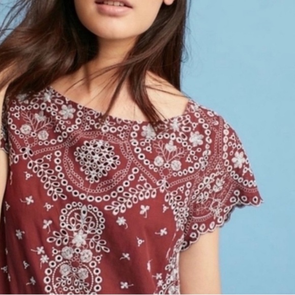 Anthropologie Feather Bone Maroon with Blue Embroidery Ruffle Dress, size Small - Picture 11 of 12